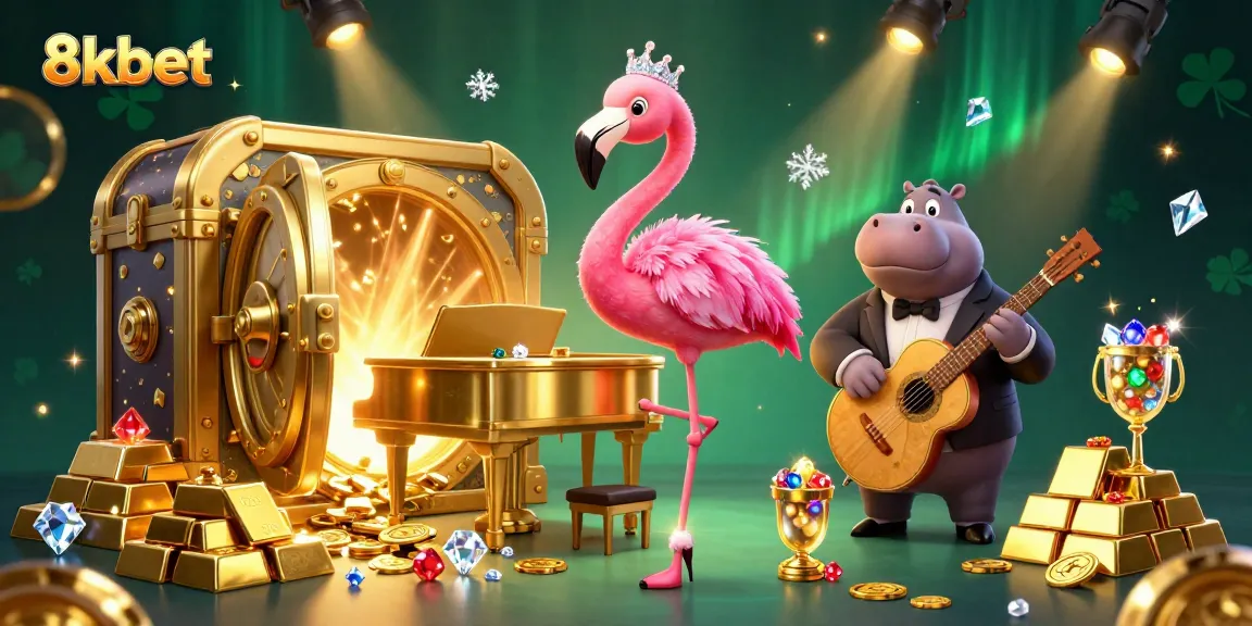Experience thrilling moments at 8xbet with vibrant casino scene featuring a flamingo singer and hippo bassist.