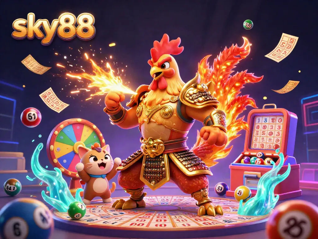 Engaging artistic portrayal of sky88 with a fighting rooster warrior, dragon hatchling, and lottery elements.