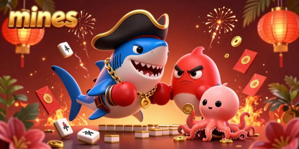Engage with the mines game through this 3D illustration of characters surrounded by casino elements like coins, tiles, and lanterns.
