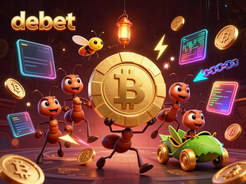 Experience thrilling heists in debet-style illustration with cartoon ants and crypto elements.