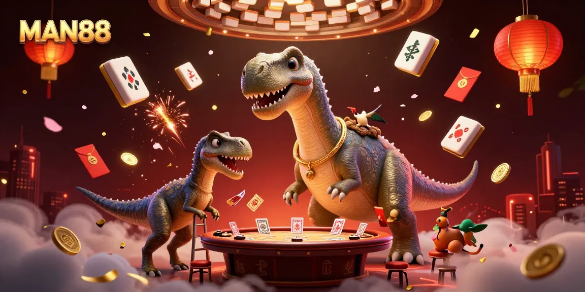 Experience thrilling gaming at MAN88 with a vibrant illustrative casino scene featuring unique characters.