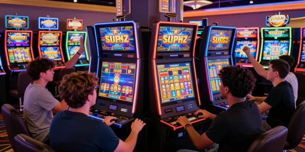 Jogadores emocionados jogando Slot777 em um ambiente de cassino animado.