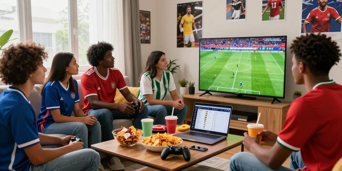 Friends enjoying live football streaming on Multicanais in cozy living room