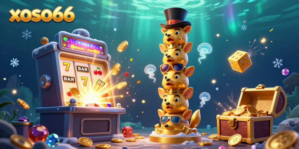 Experience the excitement of xoso66 with a 3D golden totem pole in a vibrant casino scene.