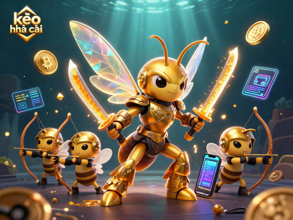 Engage with kèo nhà cái through a vibrant 3D illustration of armored hornet and crypto elements.