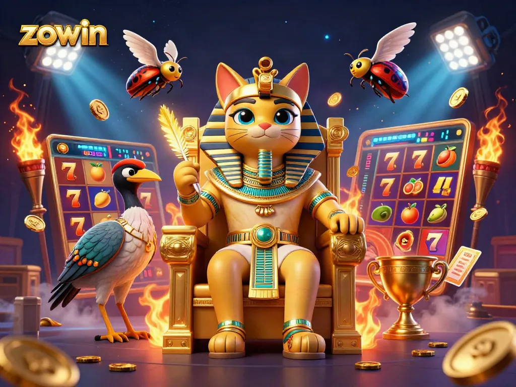 Zowin slots illustration with a pharaoh cat and scribe, showcasing dynamic jackpot elements.