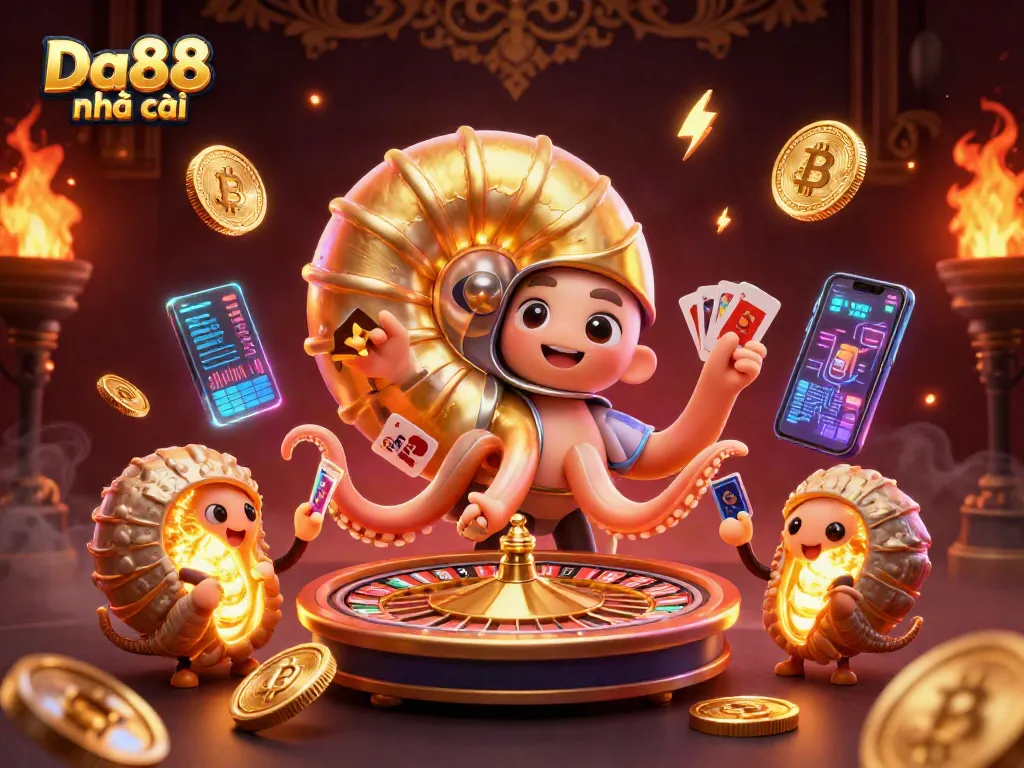 Win exciting prizes at Da88 nhà cái with a vibrant 3D casino experience featuring dynamic games and glowing crypto elements.