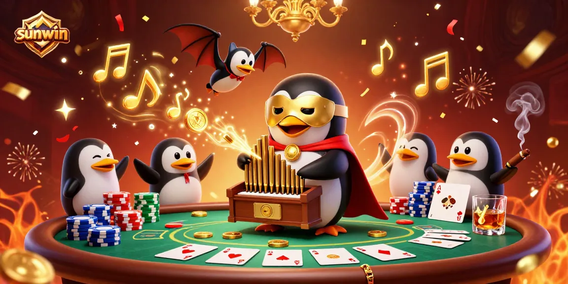 Experience the thrill of sunwin as the charming penguin plays for glimmering prizes in a vibrant casino scene.