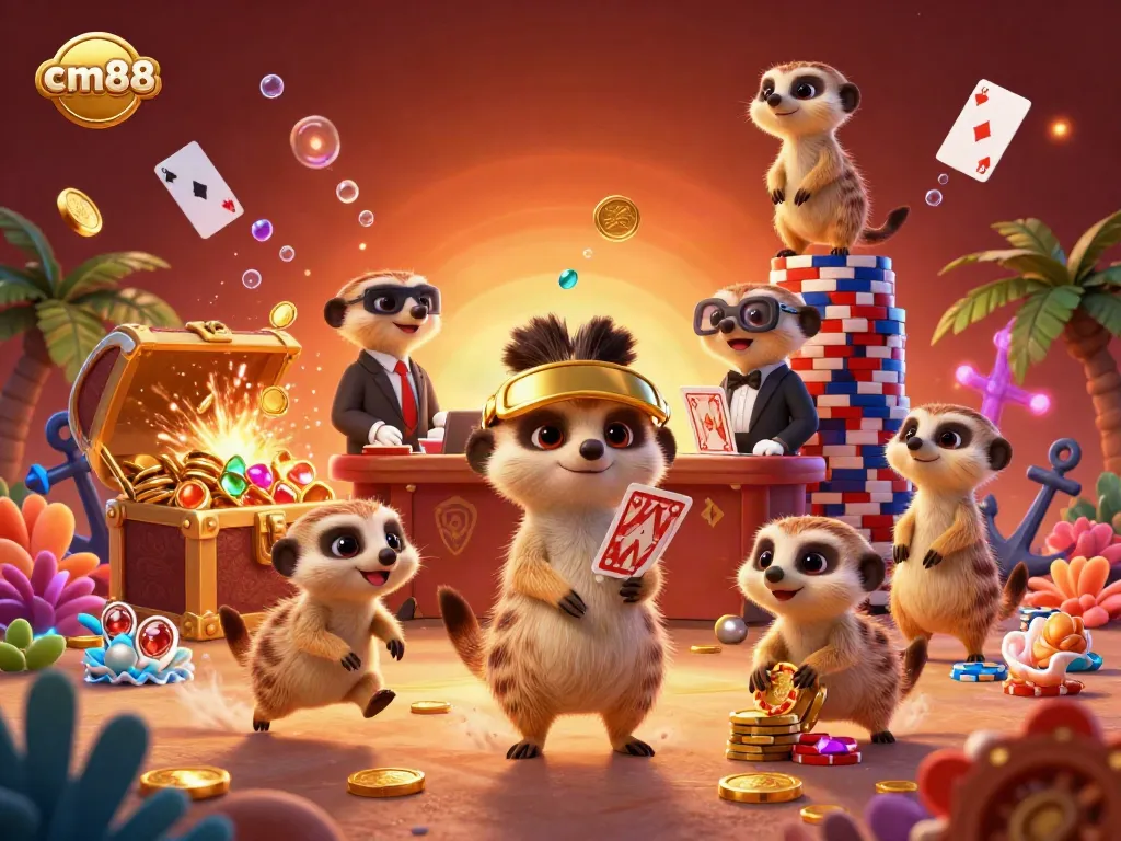 Engage with cm88's vibrant casino scene featuring playful meerkats managing a dynamic gaming experience.