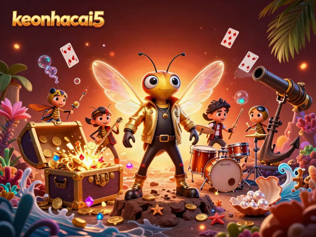 Engage with keonhacai5's thrilling betting scene featuring a cicada rock star and vibrant casino elements.