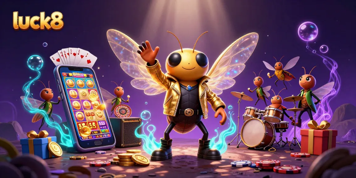 Experience luck8 with a rock star cicada in a vibrant casino atmosphere full of excitement.