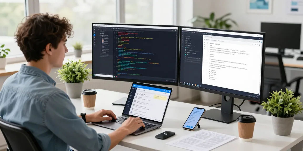 Telegram download showcased in a modern tech workspace with a developer coding and using the app.