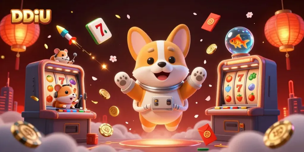 Engage with DDUU's vibrant slot gaming scene featuring an astronaut corgi and casino elements.