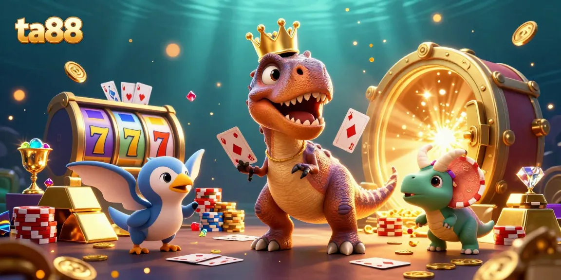 ta88 showcases a playful casino scene with a T-Rex shuffling cards and a triceratops stacking chips.