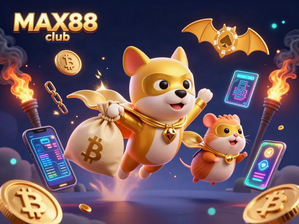 Experience the excitement of MAX88 club with a dynamic 3D casino-themed illustration featuring playful characters.