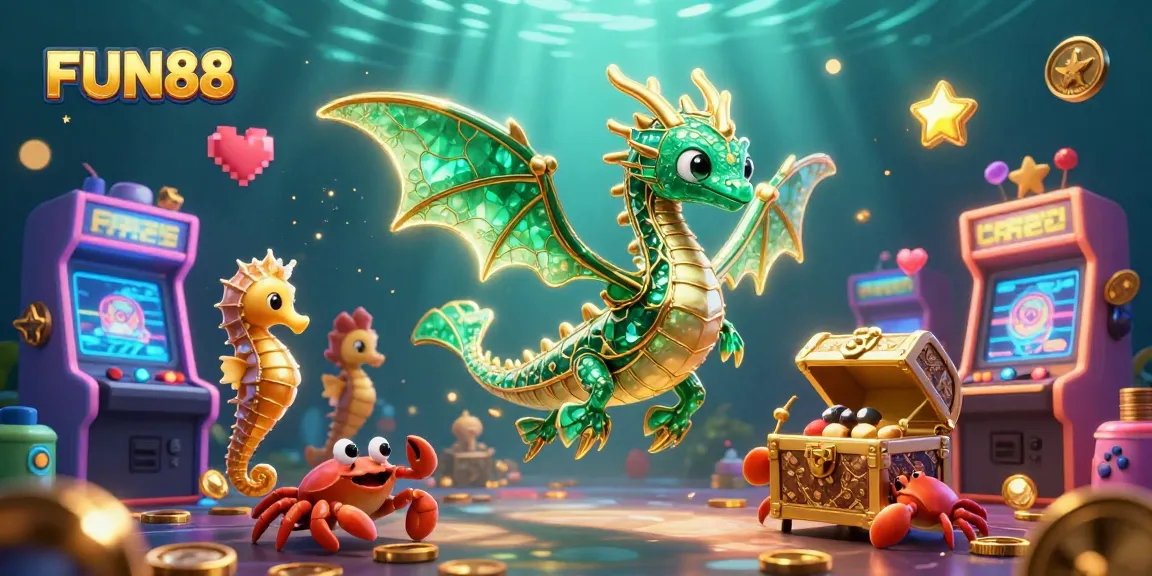 Experience FUN88's vibrant casino world with a dynamic sea dragon and treasure-filled adventure.