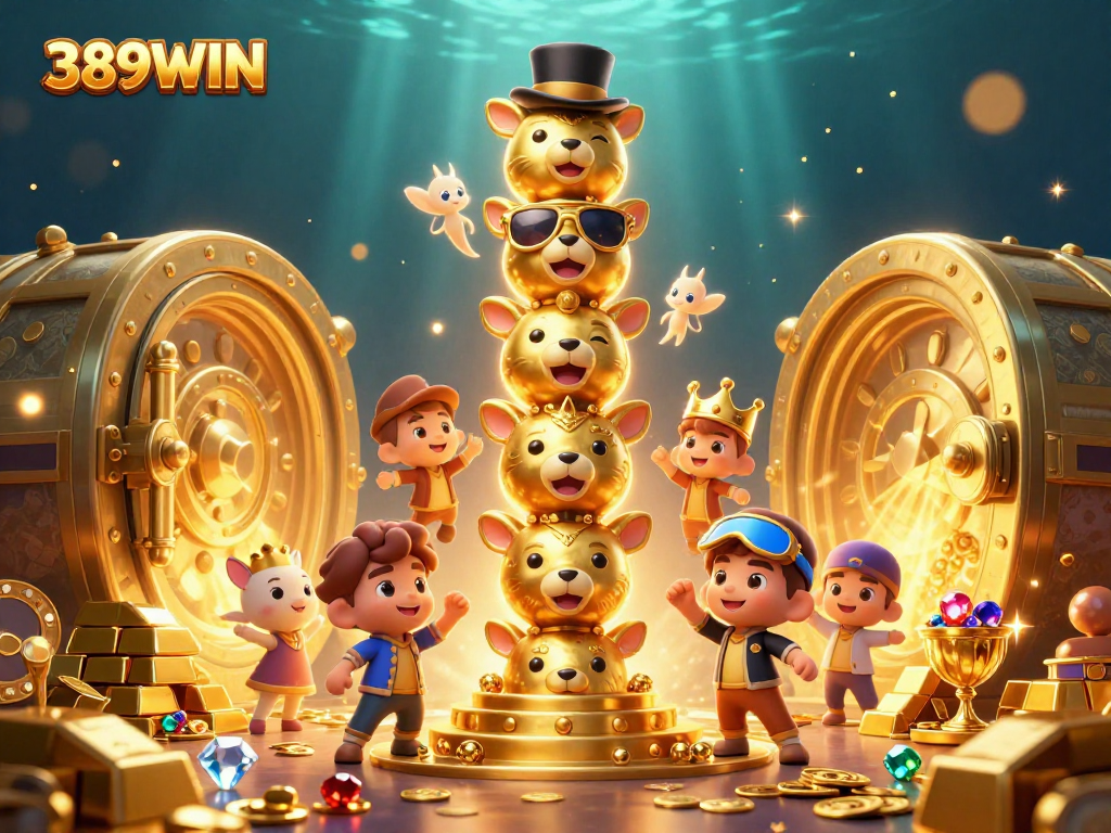 Experience the thrill of 389WIN with dynamic totem pole, gold bars, and treasure elements in this vibrant 3D scene.