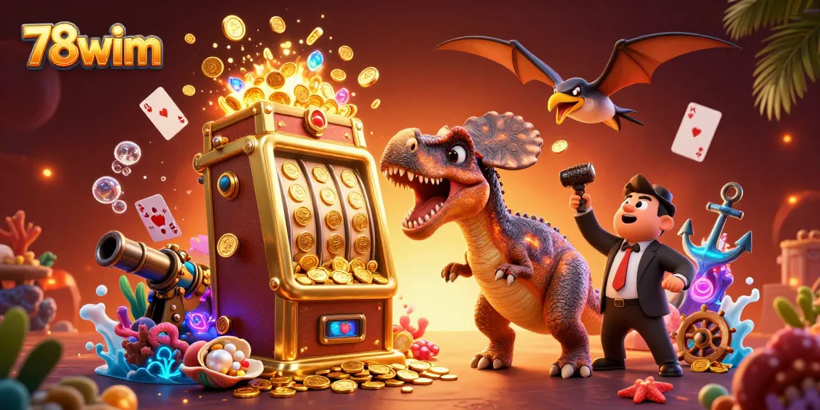 78wim celebrates a jackpot win with a cartoon pachycephalosaurus and gold coins flying in the air.
