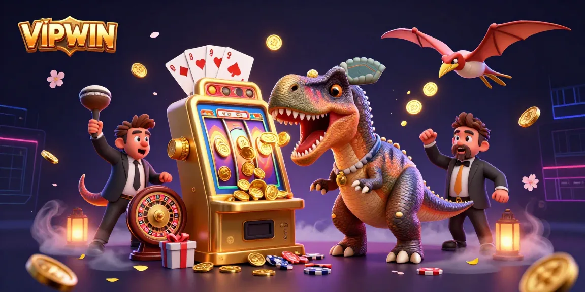 VIPWIN features an exciting scene with animated dinosaurs celebrating jackpot wins at a vibrant casino.
