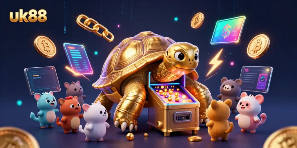 Experience the excitement at uk88 with a golden tortoise pinball machine surrounded by crypto elements.