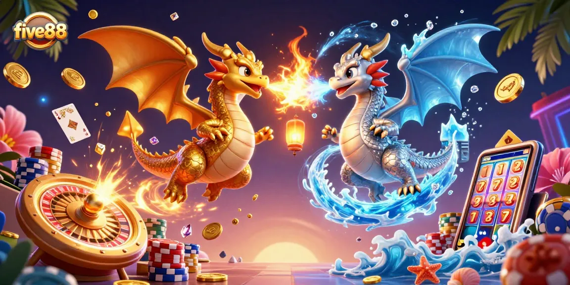 Engage in five88 adventures with gold and silver dragons amidst cascading casino treasures.