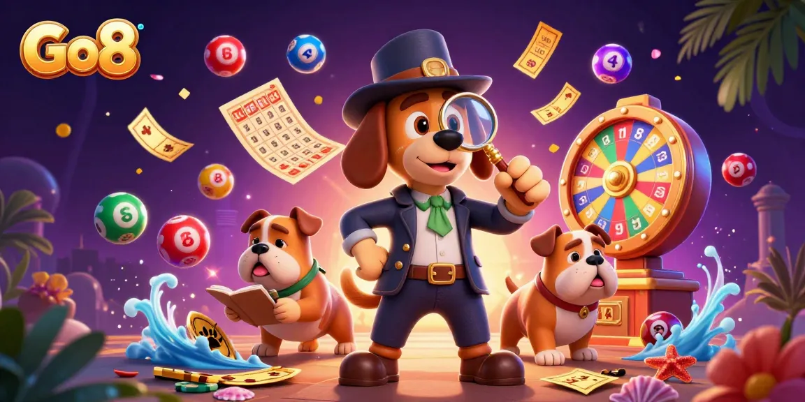Engage with Go8's vibrant gaming scene, where colorful lottery balls bounce around a detective uncovering treasures.