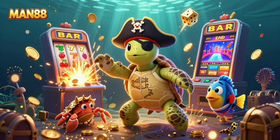Experience thrilling rewards with MAN88 as the pirate turtle, hermit crab, and parrotfish uncover treasures in a vibrant casino scene.