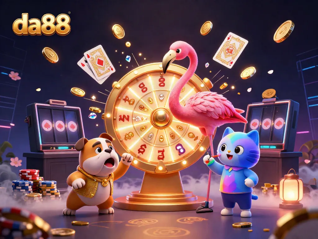 Engage with da88's thrilling prize wheel alongside vibrant casino elements in this dynamic digital scene.