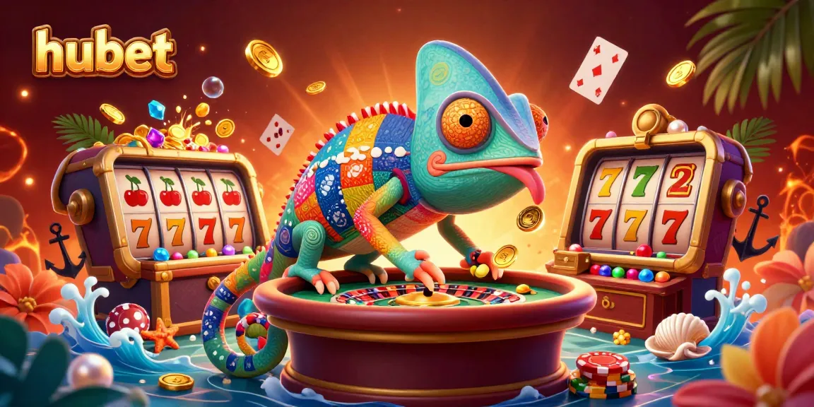 Experience thrilling casino action with hubet's vibrant chameleon casino owner in a colorful illustration.