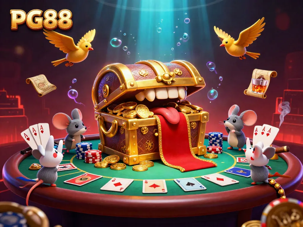 Engage in thrilling gambling action at PG88 with vibrant casino elements, including poker chips and cards.