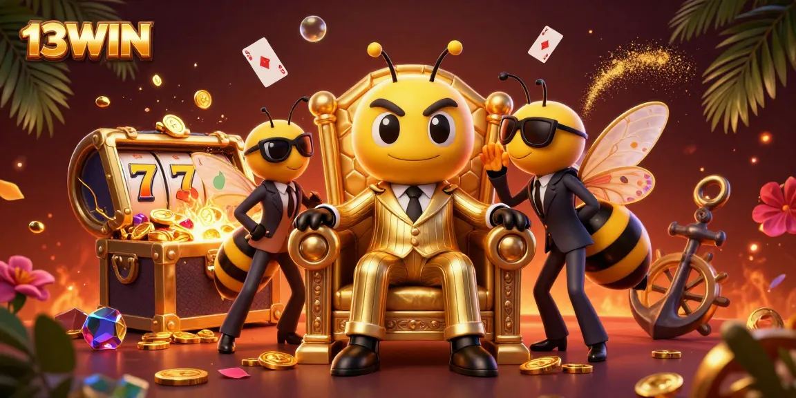 13WIN players engage with slot reels and vibrant characters in a dynamic casino illustration.