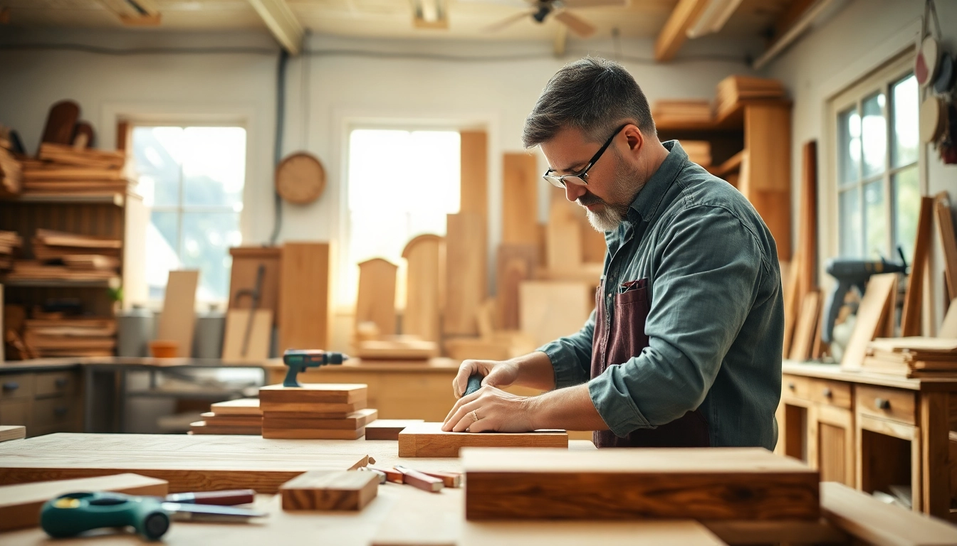 Cabinet maker near me skillfully crafting custom wood cabinets in a bright workshop.