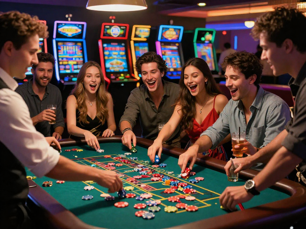 Exciting gambling moment at vin88 casino with friends around a roulette table.