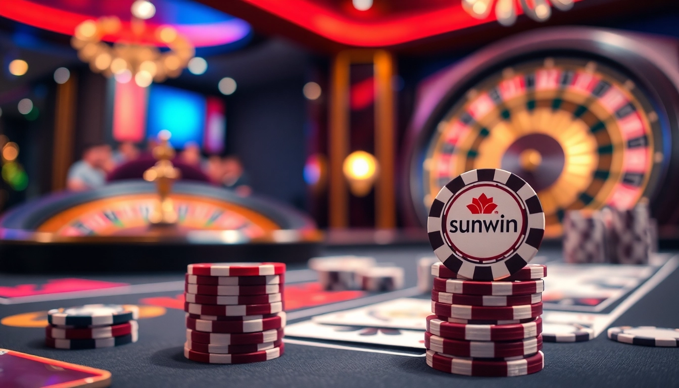 Players enjoy casino thrills at sunwin's glamorous gaming table with poker chips.