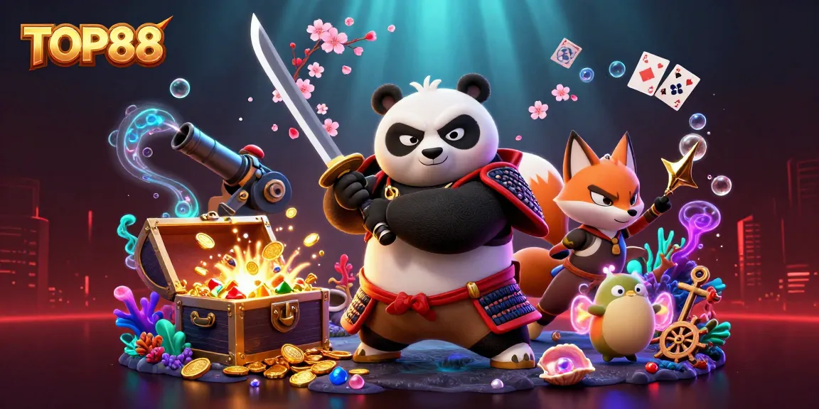 Engage with TOP88's vibrant casino adventure featuring a samurai panda and ninja fox.