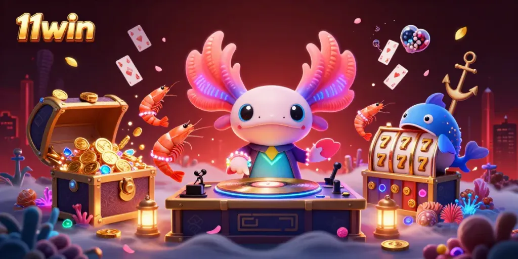 Experience aquatic excitement at 11win with neon characters celebrating wins amid floating treasures.