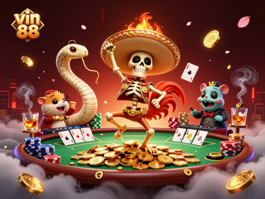 Experience the thrilling victory dance of vin 88 characters amidst poker elements and vibrant casino atmosphere.