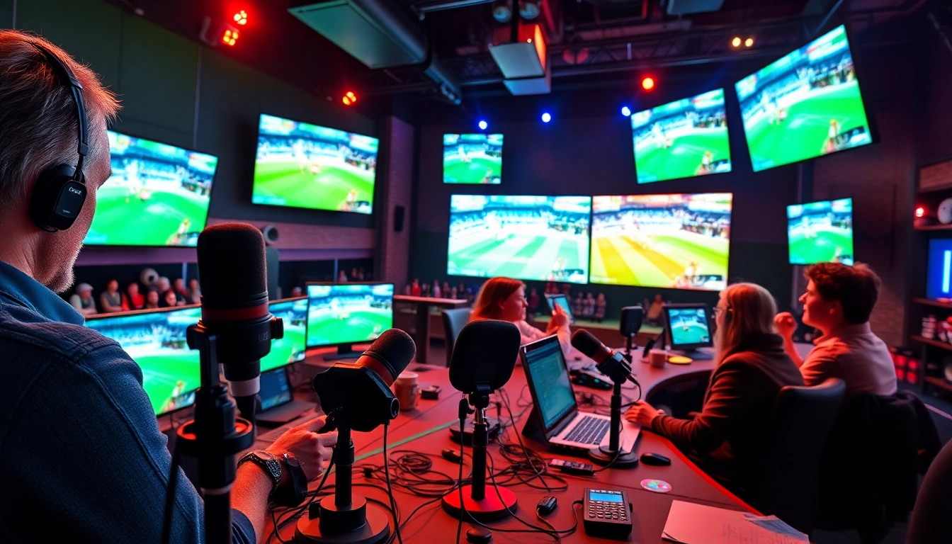 Engaging scene of sports broadcasting with announcers and live events, highlighting Sports Broadcasting excitement.