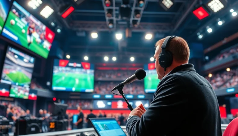 Engaged announcer in a sports broadcasting studio, featuring live sporting events displayed