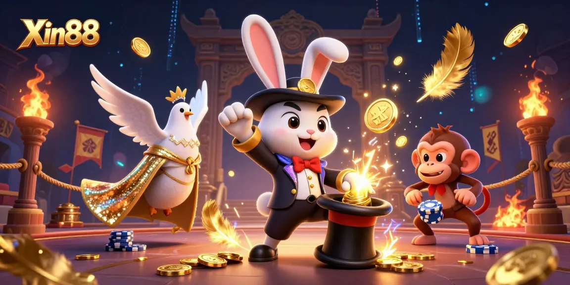 Experience thrilling gameplay at Xin88 with a magician rabbit and gold coins in a vibrant casino atmosphere.