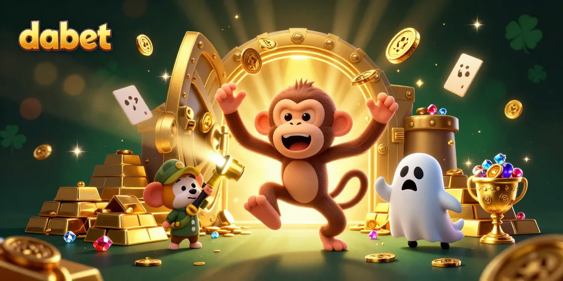 dabet reveals a playful scene with a ghost-hunter puppy tracking a mysterious poltergeist monkey in a haunted casino.