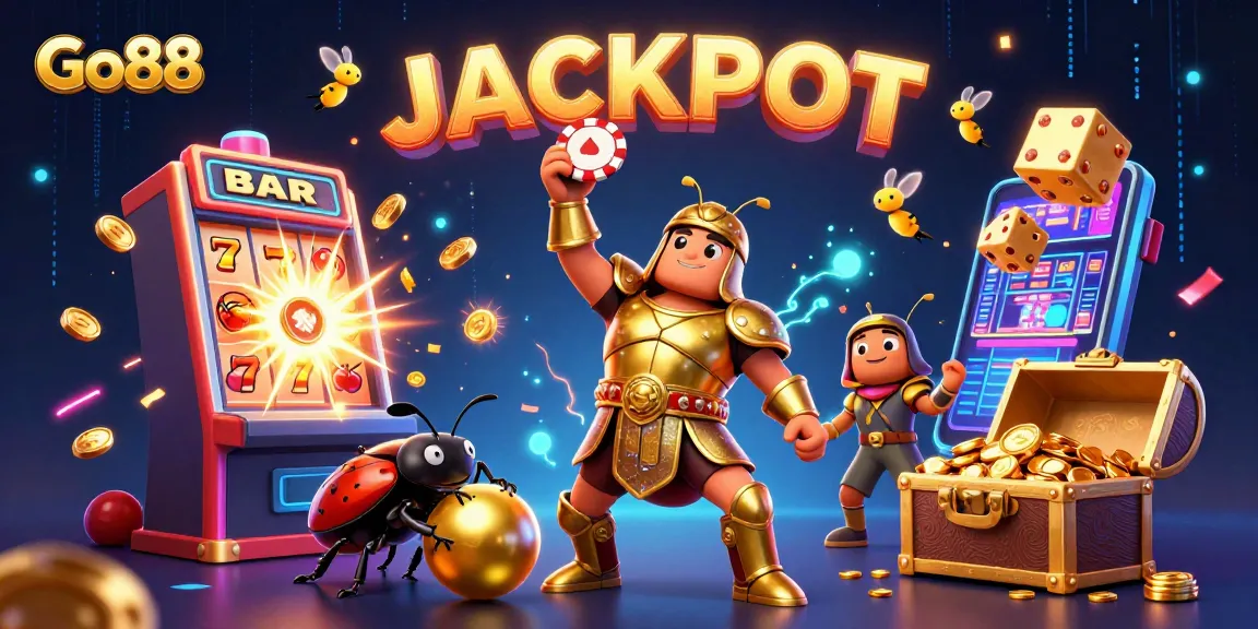 Go88 celebrates wins with a vibrant cartoon scene featuring a beetle hero and jackpot elements.