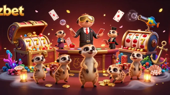 Zbet casino scene with meerkats managing games, slot reels, and gold coins galore