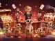 Zbet casino scene with meerkats managing games, slot reels, and gold coins galore
