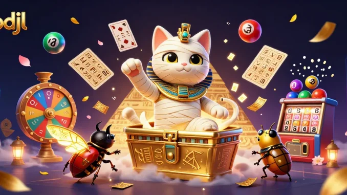 Engage with bdjl through a stunning 3D rendering featuring a mummy cat and casino elements.