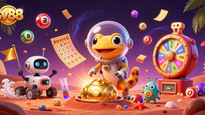 Engage in sv88 gaming with a Martian gecko discovering a golden casino amidst vibrant energy.