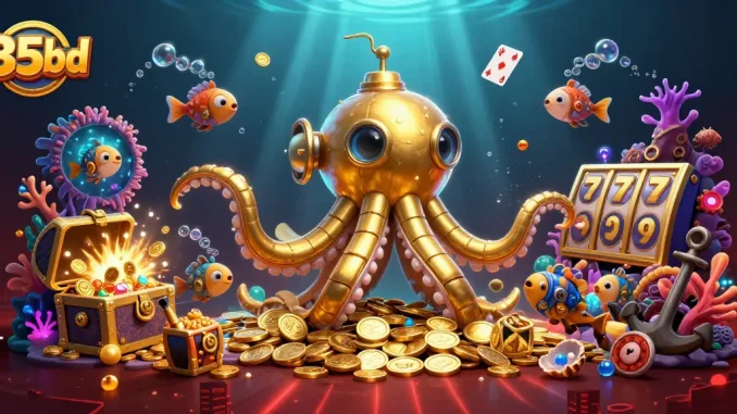 Experience thrilling adventures at 35bd with a golden kraken submarine amidst treasures and slots.