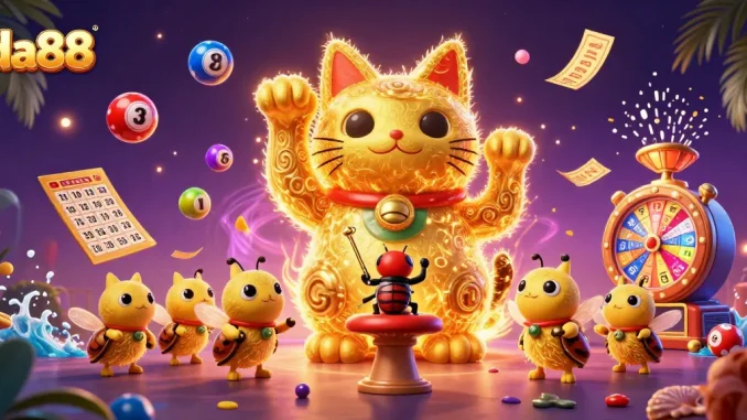 Experience the excitement of da88 with a vibrant lucky cat and dynamic casino elements in a 3D illustration.