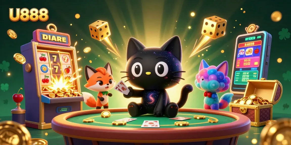 Engage with U888's cosmic casino magic, revealing vibrant slots and cards in a rich, dynamic scene.