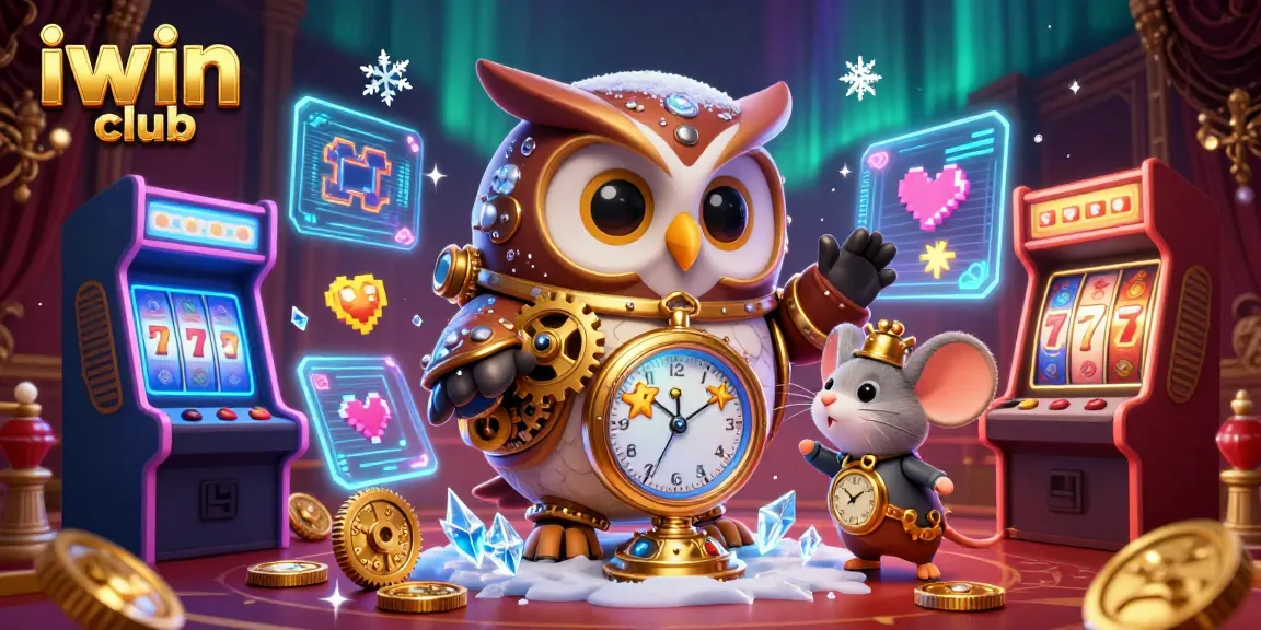 Play exciting games at iwin club featuring a charming steampunk owl and a clockwork mouse surrounded by vibrant casino elements.